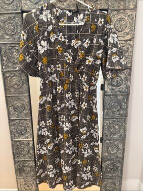Floral Grid Midi Dress in Black and Mustard - Women